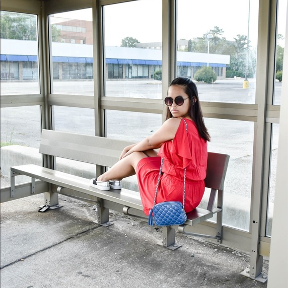 JUSTFAB RED DRESS + BLUE EMBROIDERY - Picture 2 of 5